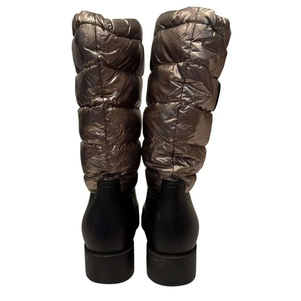Moncler Black Rubber Boots with Metallic Taupe Quilted Shaft